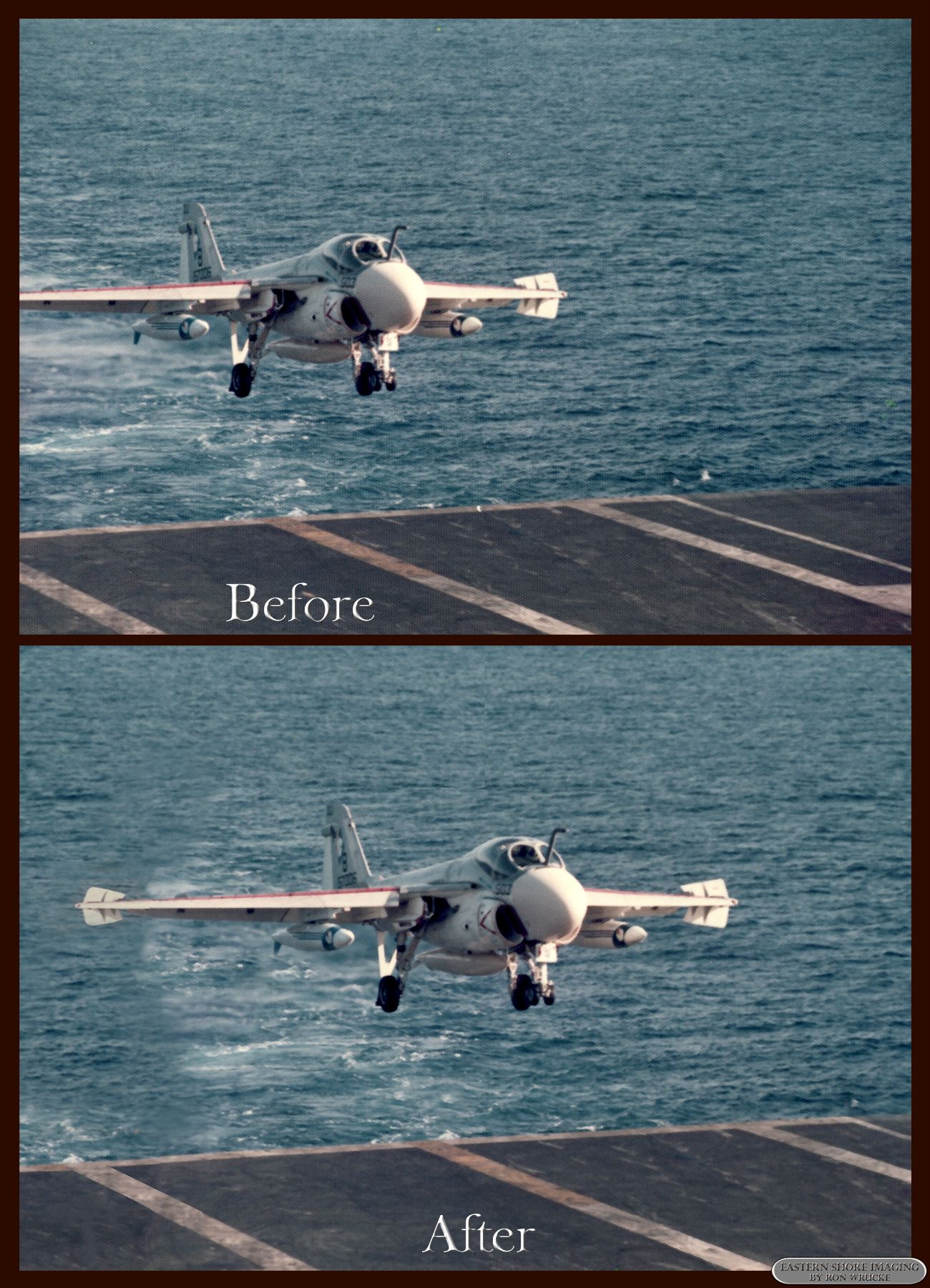 A "puzzle" picture, this restoration required the 'invention' of the plane's wingtip, carrier deck, and the trailing ocean - a fun project !!